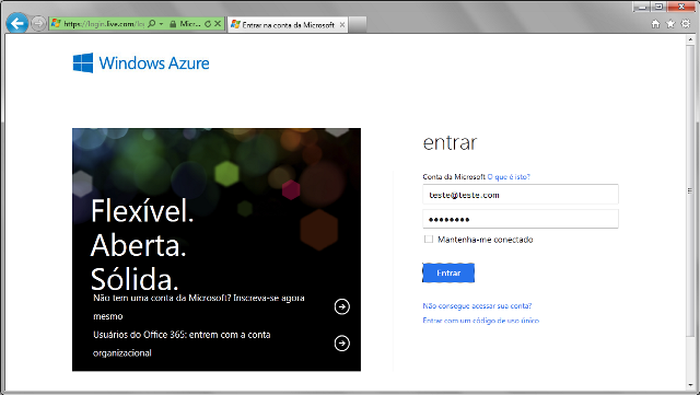 Informando uma conta para acesso ao Windows Azure