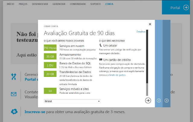 Recursos da Avaliao gratuita do Windows Azure