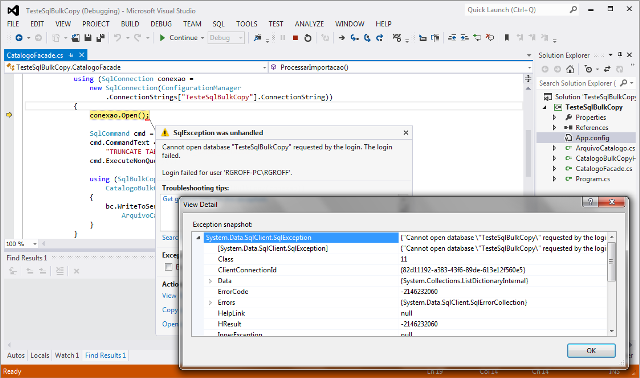 Visualizando informações sobre uma SqlException a partir do Visual Studio