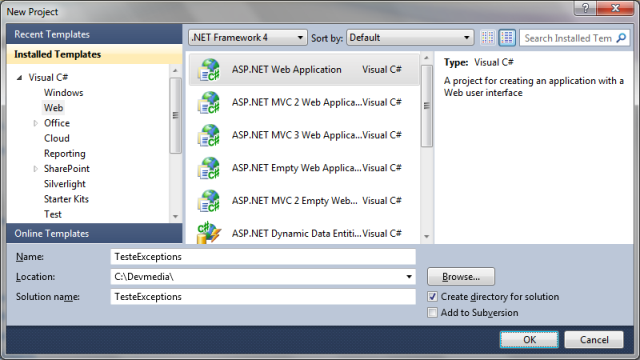 Criando um projeto ASP.NET para testes