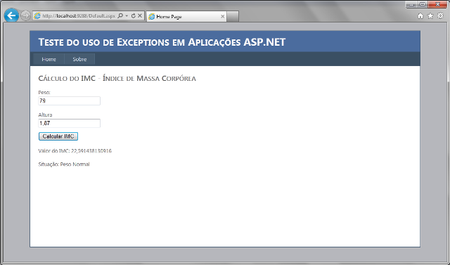 P�gina Default.aspx em execu��o, com todos os controles j� configurados