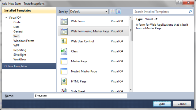 Criando os arquivos para implementa��o da p�gina Erro.aspx