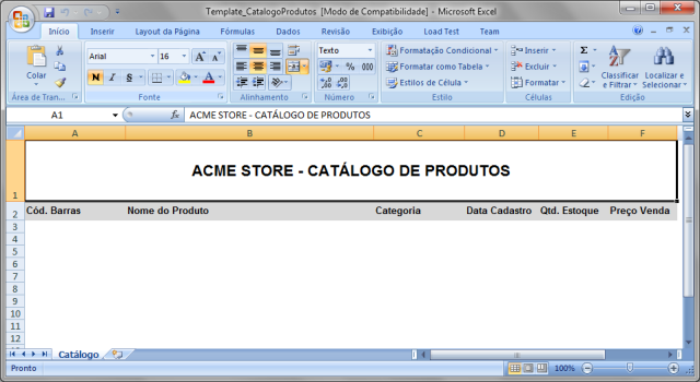 Criando o arquivo de modelo Template_CatalogoProdutos.xls