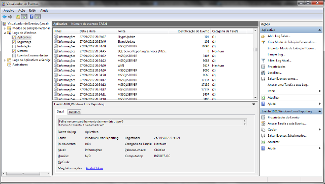 Visualizador de Eventos do Windows 7