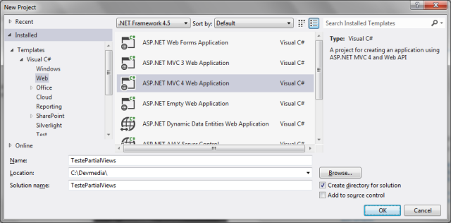 Figura 1: Criando um projeto ASP.NET MVC 4 para testes