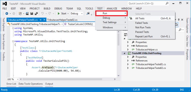 Menu Test no Visual Studio 2012
