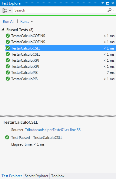 Testes executados com sucesso após refatoração da classe TributacaoHelper