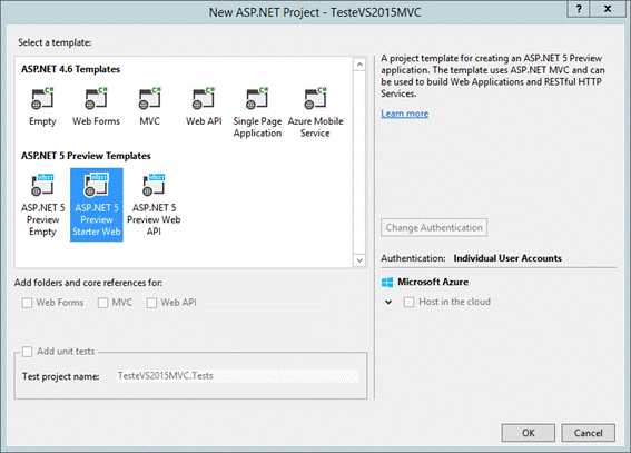Selecionando o
template ASP.NET 5 Preview Starter Web no Visual Studio 2015