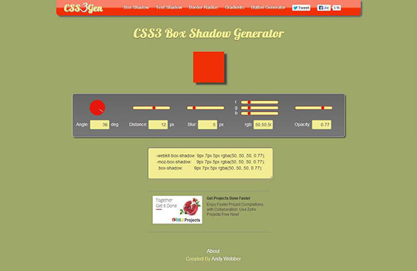 Pgina inicial da ferramenta CSS3 Box Shadow Generator.