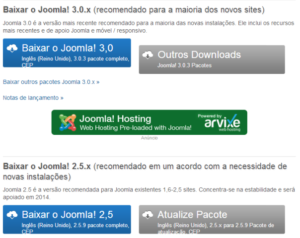 Opções de download do Joomla
