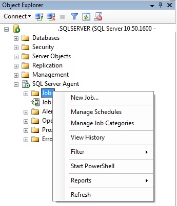 OBJECT EXPLORER, mostrando a criação de um NEW JOB