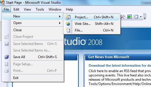 Janela do Visual Studio 2008 iniciando a criao de um projeto
