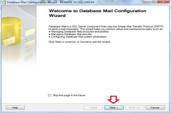 Janela de boas vinda do Database Mail Configuration