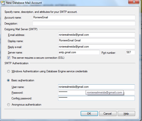 Janela do Database Mail Configuration Wizard, Manage Existing Accound