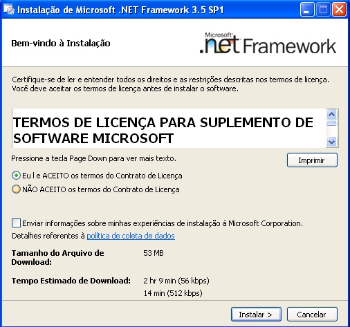 Janela inicial da Instalao do .NET Framework