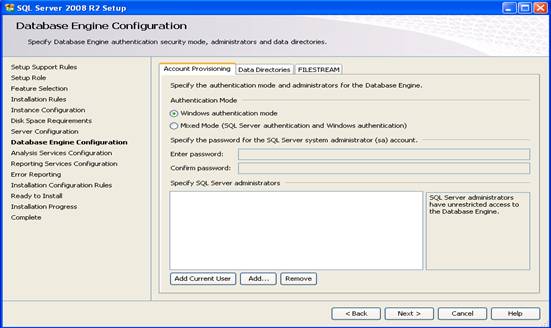 Janela do Database Engine Configuration