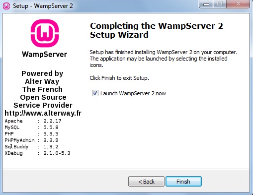 Janela informando que o WampServer foi instalado