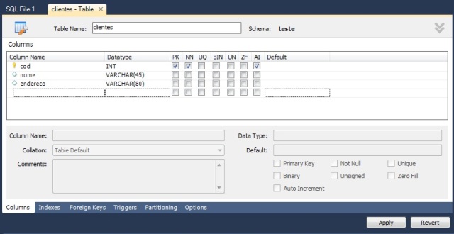 Janela para a criação de tabelas com os campos a serem criados