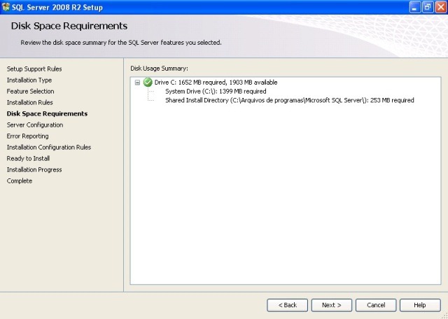 Janela Disk Space Requirements