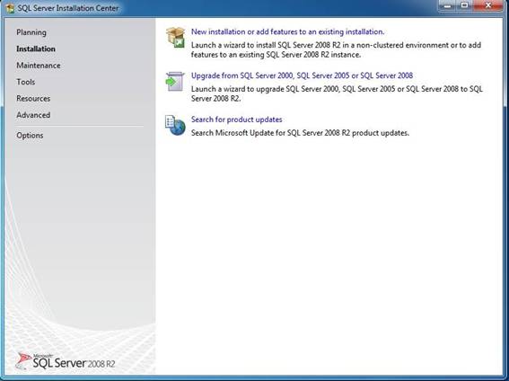 Janela do SQL Server Installation Cente