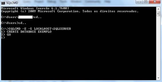 Janela do SQLCMD criando um  bando de dados