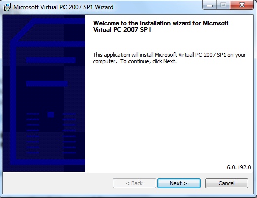 Janela de boas vindas da instalao do Virtual PC