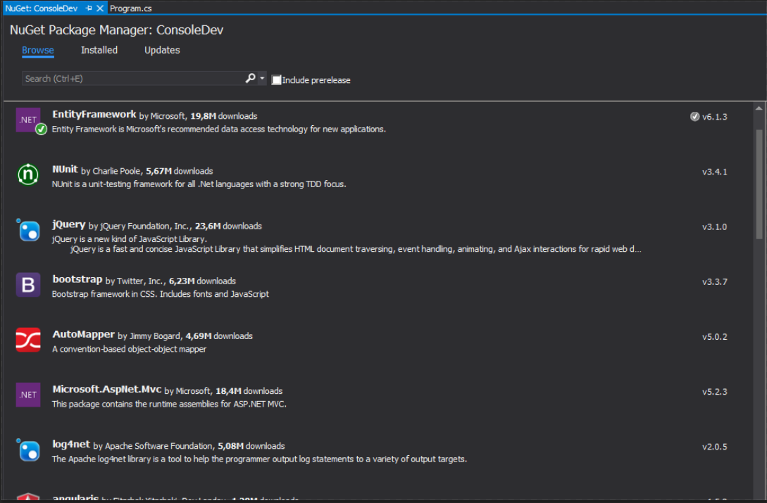 Interface gráfica do NuGet