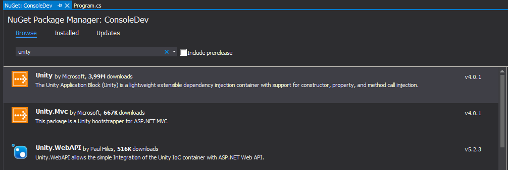 Retorno do repositório NuGet para a pesquisa “Unity”