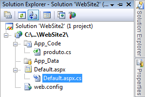 Selecionando o arquivo Default.aspx.cs atravs do Solution Explorer