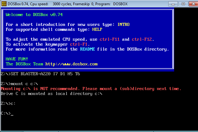 O resultado dos comandos no DOSBox