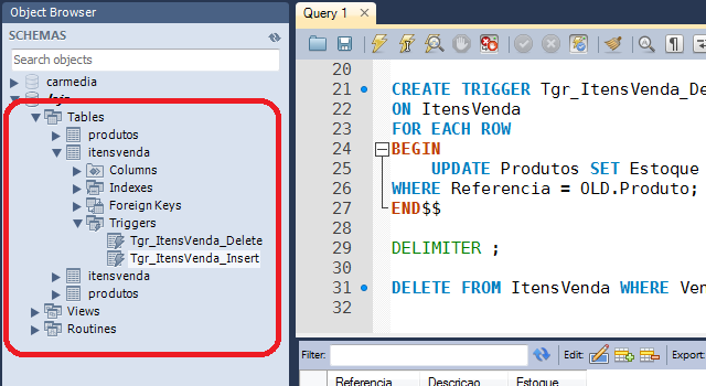 Object Browser no MySQL Workbench