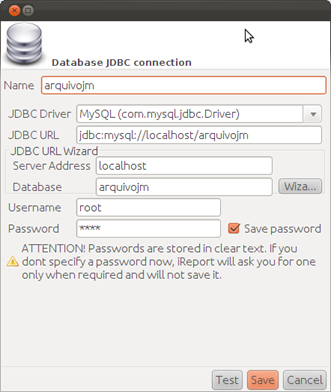 Tela de configuração de conexão do banco via JDBC