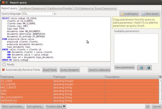 Tela de edição da query do relatório