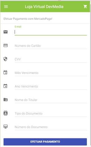Página de solicitação dos dados de pagamento