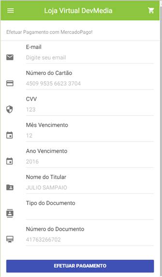 Página de pagamento com sugestão de dados via placeholder