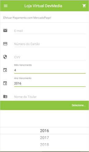 Tela de checkout MP com pickers de data de vencimento