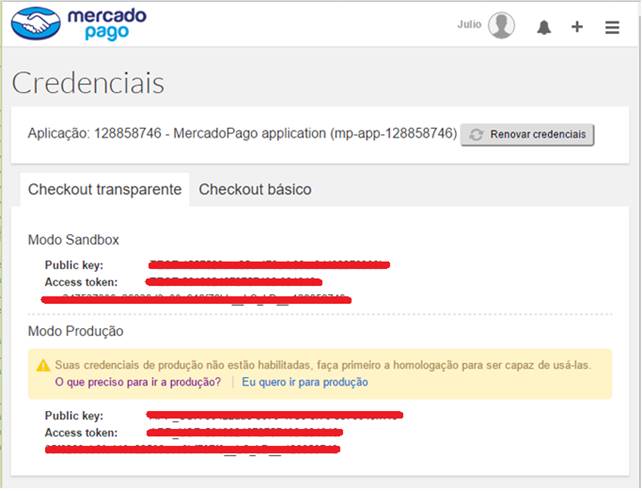 Página de credenciais do MercadoPago